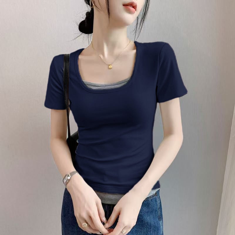 Gray Fake Two-Piece Short-Sleeved T-Shirt For Women 2025 U-Neck Pure Cotton T-Shirt Slim Contrasting Color Patchwork Waist Top - Image 1