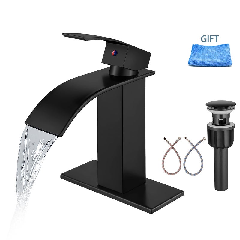 Aolemi Bathroom Faucet Single Handle 1 Hole Deck Mount Lavatory Vanity RV Sink Mixer Basin Tap with Cover Plate and Pop Up Drain Assembly Matte Black Waterfall Spout - Image 2