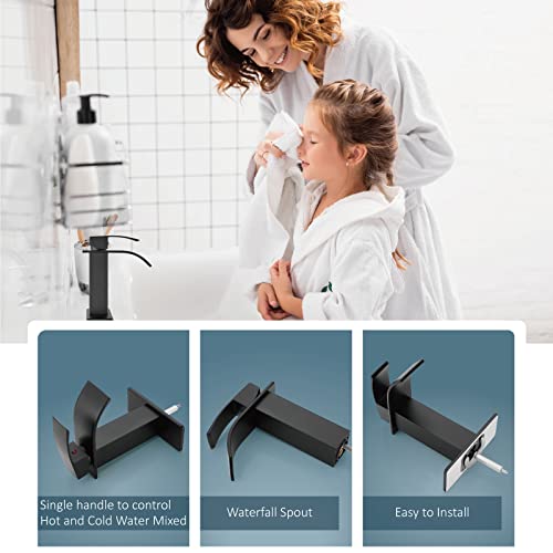 Aolemi Bathroom Faucet Single Handle 1 Hole Deck Mount Lavatory Vanity RV Sink Mixer Basin Tap with Cover Plate and Pop Up Drain Assembly Matte Black Waterfall Spout - Image 3