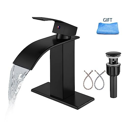 Aolemi Bathroom Faucet Single Handle 1 Hole Deck Mount Lavatory Vanity RV Sink Mixer Basin Tap with Cover Plate and Pop Up Drain Assembly Matte Black Waterfall Spout - Image 1