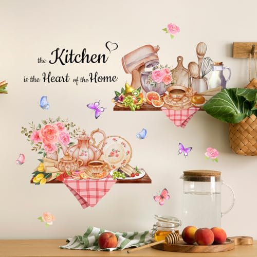 SWORNA 3D Utensils Kitchen Wall Decals Peel and Stick Vinyl Coffee Stickers Murals Pioneer Woman Cooking Theme Floral Decor with Pink Flowers and Butterflies for Dining Room Decoration - Image 1