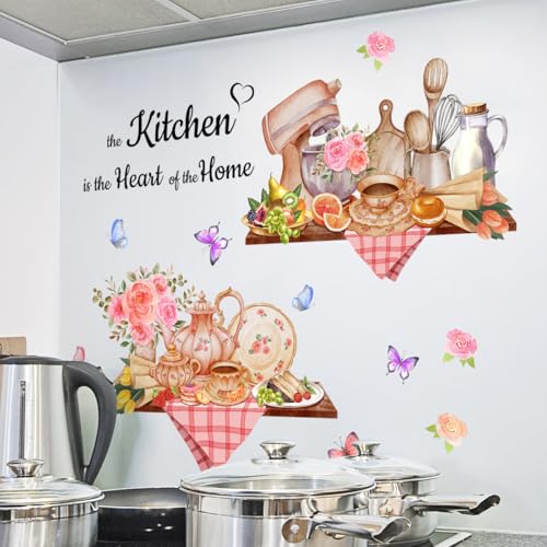 SWORNA 3D Utensils Kitchen Wall Decals Peel and Stick Vinyl Coffee Stickers Murals Pioneer Woman Cooking Theme Floral Decor with Pink Flowers and Butterflies for Dining Room Decoration - Image 2