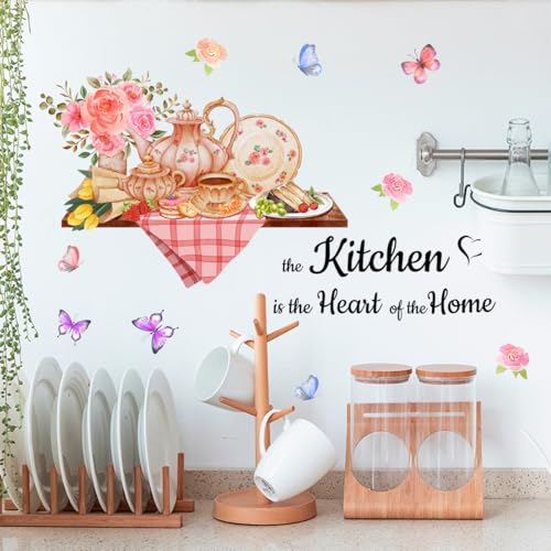 SWORNA 3D Utensils Kitchen Wall Decals Peel and Stick Vinyl Coffee Stickers Murals Pioneer Woman Cooking Theme Floral Decor with Pink Flowers and Butterflies for Dining Room Decoration - Image 4