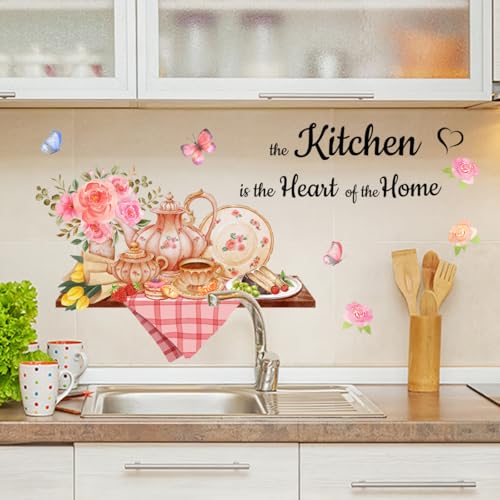 SWORNA 3D Utensils Kitchen Wall Decals Peel and Stick Vinyl Coffee Stickers Murals Pioneer Woman Cooking Theme Floral Decor with Pink Flowers and Butterflies for Dining Room Decoration - Image 3