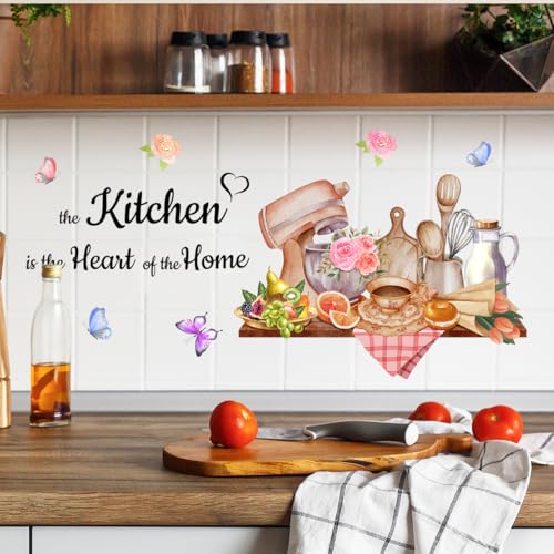 SWORNA 3D Utensils Kitchen Wall Decals Peel and Stick Vinyl Coffee Stickers Murals Pioneer Woman Cooking Theme Floral Decor with Pink Flowers and Butterflies for Dining Room Decoration - Image 5
