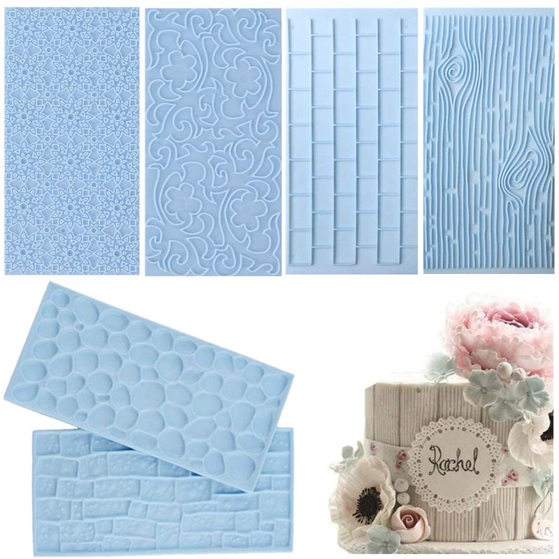 JOERSH 6 Pack Fondant Texture Mats Wood Grain Brick Castle Wall Cobblestone Texture Design Mold Fondant Molds for Clay  Chocolate  Fondant Cake Embossed Impression Sheets - Image 1