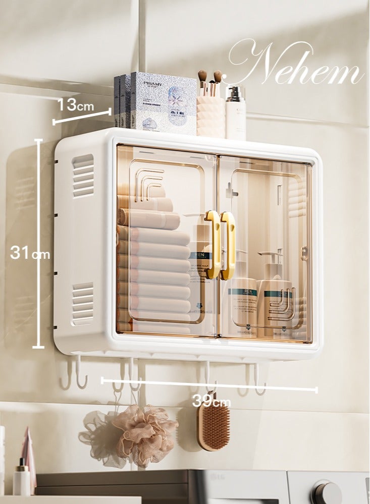 نيم خزانة حمام رف حمام معلق دولاب حمام رف حمام حائطي كبير السعة 39×31×13 سم بدون حفر - منظم الحمام والمكياج بمقاومة الغبار والرطوبة مع أبواب و خطاطيف و أرفف قابلة للتعديل - Image 1