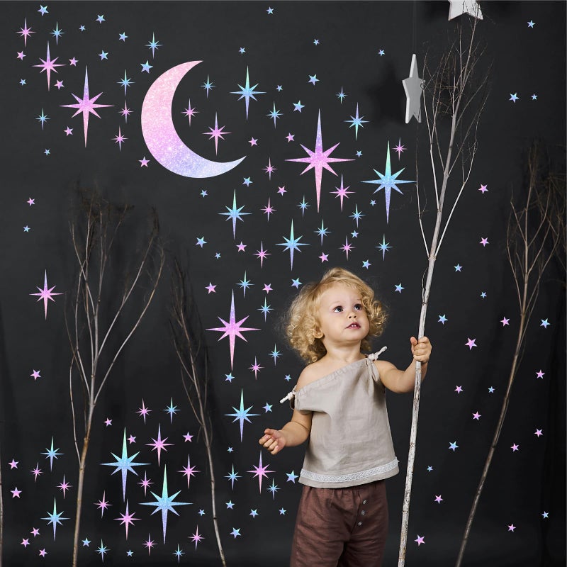 Easma Retro Star Wall Decals Sparkle Wall Decal Peel and Stick Rainbow Star Moon Stickers Starburst Walls Decor for Kids Room Colorful Stars Art Murals Wallpaper for Ceiling Baby Bedroom Nursery Decor - Image 2