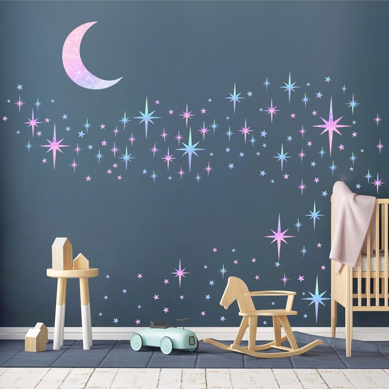 Easma Retro Star Wall Decals Sparkle Wall Decal Peel and Stick Rainbow Star Moon Stickers Starburst Walls Decor for Kids Room Colorful Stars Art Murals Wallpaper for Ceiling Baby Bedroom Nursery Decor - Image 1