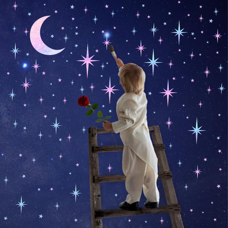 Easma Retro Star Wall Decals Sparkle Wall Decal Peel and Stick Rainbow Star Moon Stickers Starburst Walls Decor for Kids Room Colorful Stars Art Murals Wallpaper for Ceiling Baby Bedroom Nursery Decor - Image 3