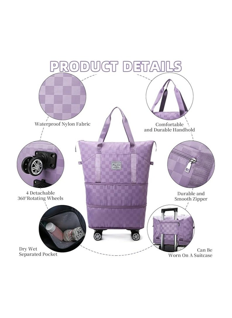 Generic Expandable Foldable Duffel Bag Suitcase, Rolling Duffle Bag with Wheels Large Detachable Carry on Luggage Duffel Bag Lightweight Checkerboard Weekend Bag for Men Women  - Image 3