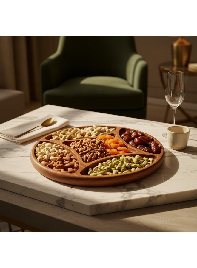 CASA HOME Luxury Round Wooden Serving Tray with Multiple Compartments – Handcrafted Natural Wood Snack & Nut Platter for Elegant Home Entertaining - Image 2