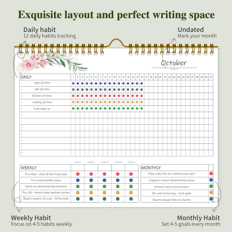 KAICN Habit Tracker Calendar,12 Monthly Habit Tracker Journal with Spiral Binding,Undated Weekly Monthly Planner to Boost Productivity&Self Improvement,8"x10"(Pink) - Image 3