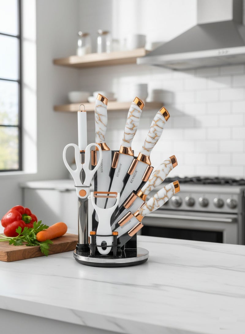 BASURRAH 9 Piece Stainless Steel Kitchen Knife Set with Peeler and Scissors with Stand - Image 4