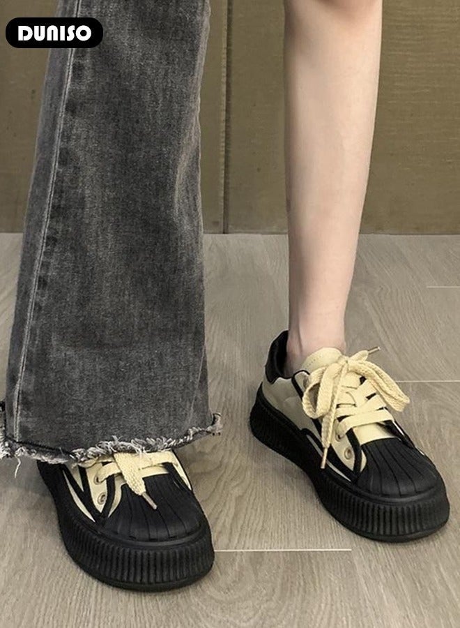 DUNISO Women's Platform Sneakers Low Top Walking Shoes for Lady Comfortable Lace Up Fashion Round Toe Casual Shoes for Indoor Outdoor Travel Work - Image 3
