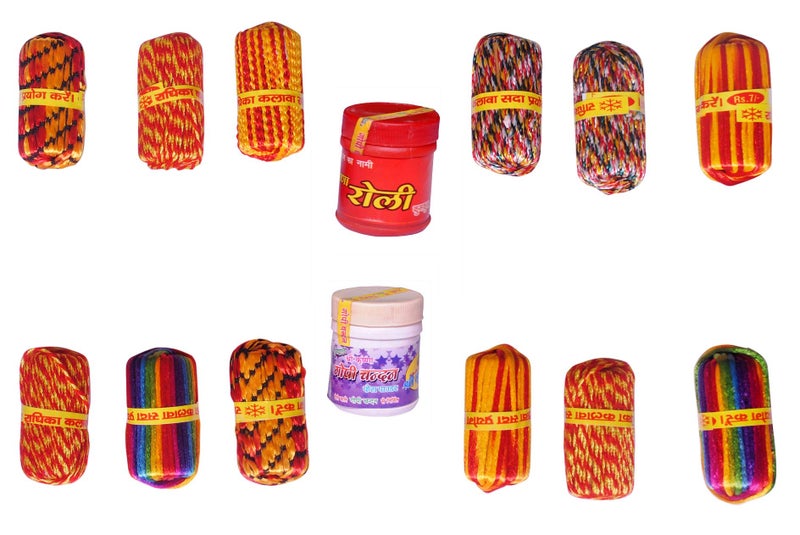 Kriwin Satin Thread Moli/ Kalava with Chandan Powder & Roli Tika Powder, Multicolour, Combo of 12 - Image 1