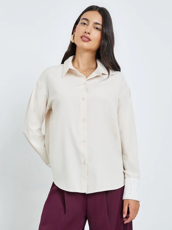 ستايلي Styli Cream Long Sleeve Shirt with Lace Cuff