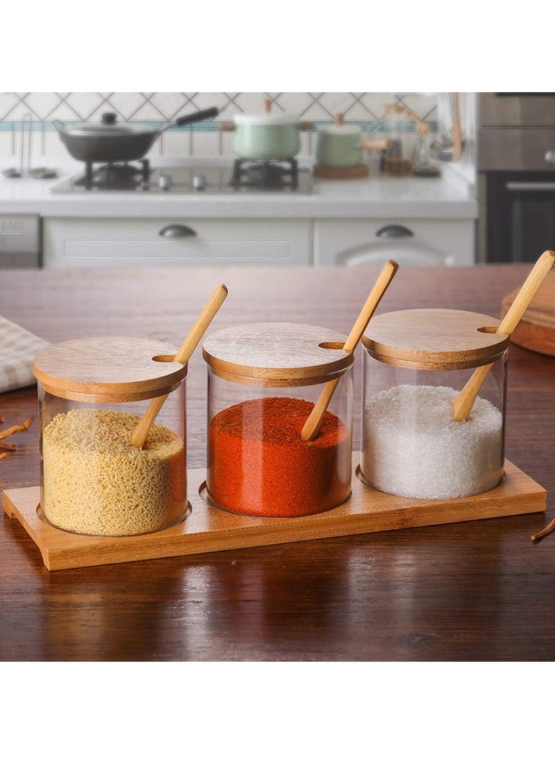 بهار جرة بهار مربع 3 زجاج شفاف مطبخ بهار وعاء ، وعاء خشبي بهار ، القهوة والملح والسكر والفلفل والتوابل - Image 2