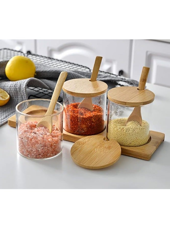 بهار جرة بهار مربع 3 زجاج شفاف مطبخ بهار وعاء ، وعاء خشبي بهار ، القهوة والملح والسكر والفلفل والتوابل - Image 3