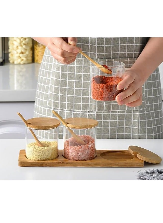 بهار جرة بهار مربع 3 زجاج شفاف مطبخ بهار وعاء ، وعاء خشبي بهار ، القهوة والملح والسكر والفلفل والتوابل - Image 4
