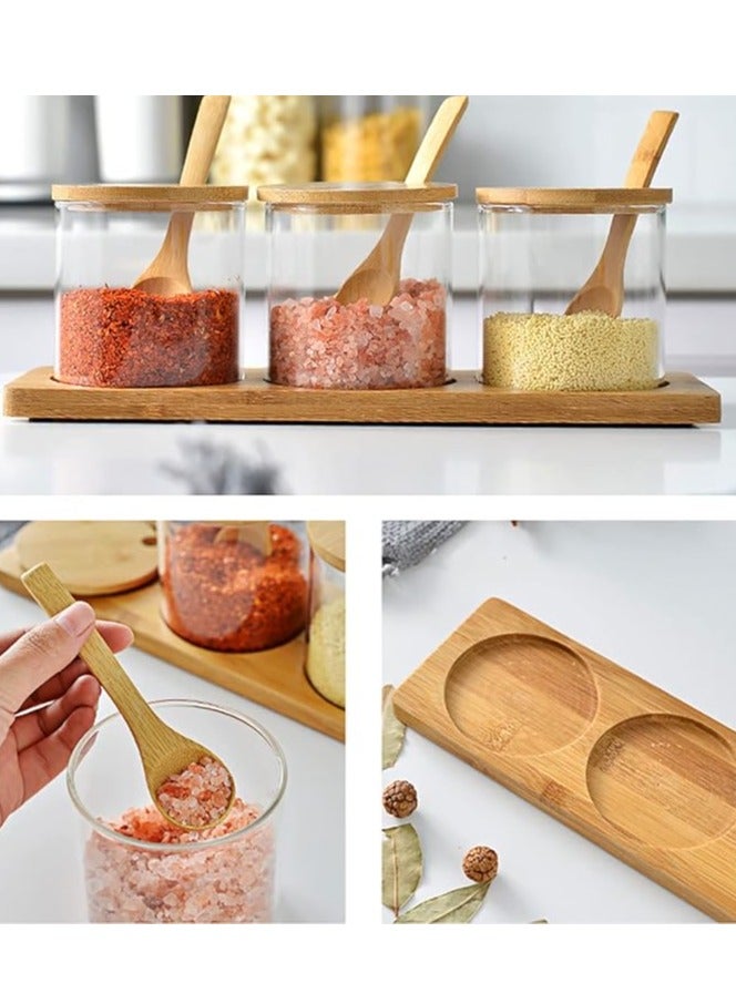 بهار جرة بهار مربع 3 زجاج شفاف مطبخ بهار وعاء ، وعاء خشبي بهار ، القهوة والملح والسكر والفلفل والتوابل - Image 5
