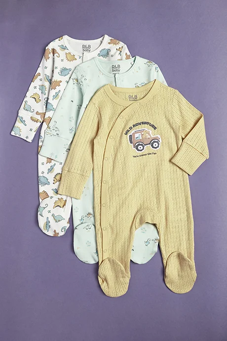 R&B 3 Pack Printed Footed Sleepsuits with Long Sleeves