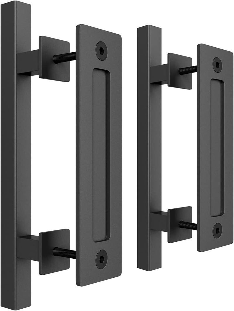 SMARTSTANDARD 2 Pack Barn Door Handles Set, 12" Large Rustic Two-Side Design, Pull and Flush Sliding Door Handle for Gates Garages Sheds Furniture, Black, Square - Image 1
