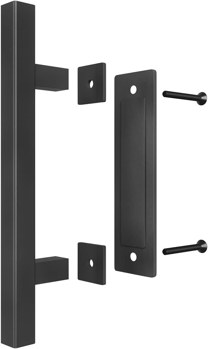 SMARTSTANDARD 2 Pack Barn Door Handles Set, 12" Large Rustic Two-Side Design, Pull and Flush Sliding Door Handle for Gates Garages Sheds Furniture, Black, Square - Image 4