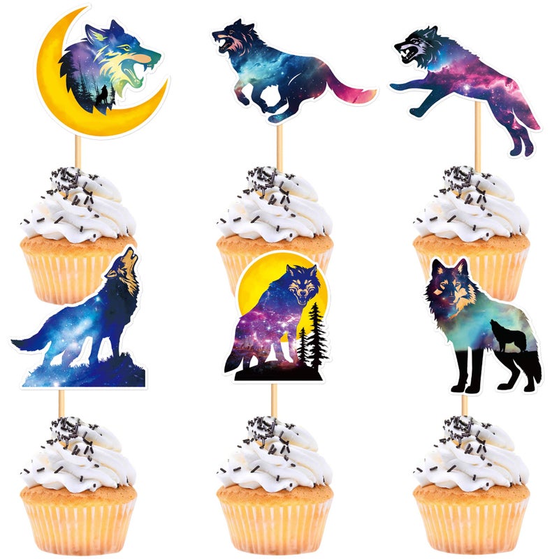Ercadio 24 PCS Black Wolf Cupcake Toppers Silhouette Black Glitter Cupcake Topper Wolf Cupcake Decoration Picks Animal Theme for Baby Shower Kids Birthday Party Decoration Supplies - Image 1