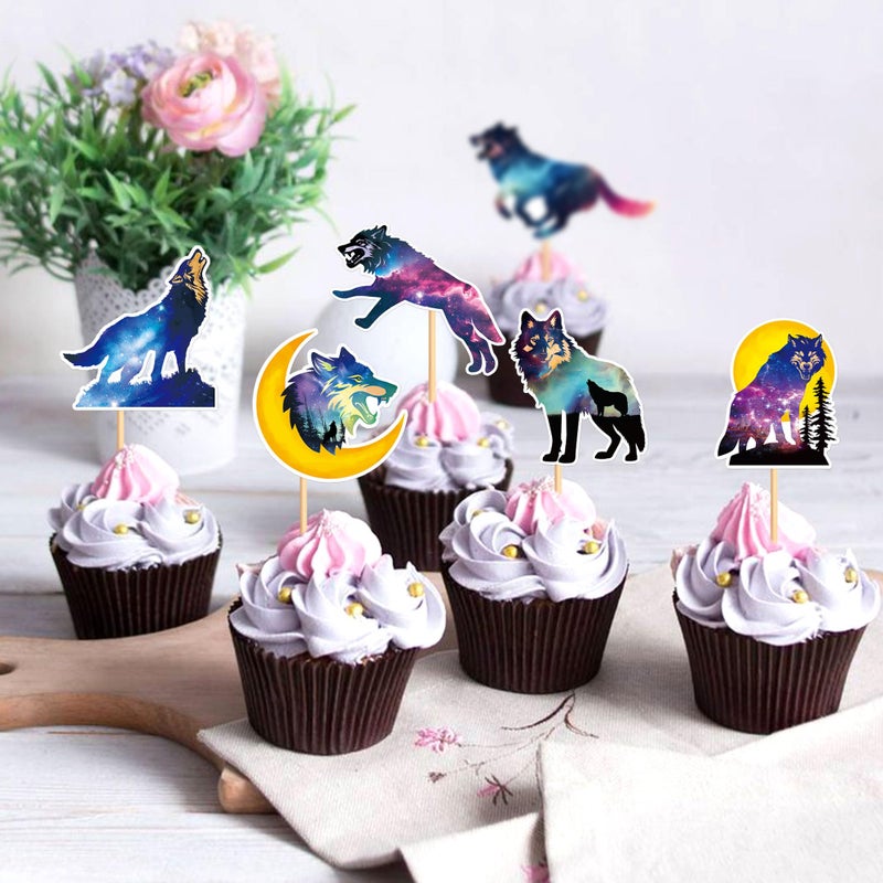 Ercadio 24 PCS Black Wolf Cupcake Toppers Silhouette Black Glitter Cupcake Topper Wolf Cupcake Decoration Picks Animal Theme for Baby Shower Kids Birthday Party Decoration Supplies - Image 3