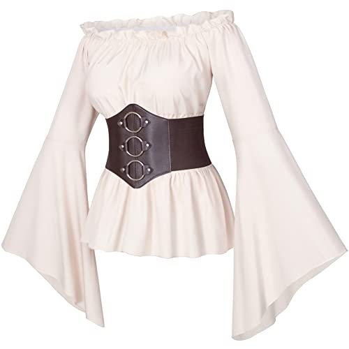 Irtysh Womens Renaissance Victorian Peasant Ruffle Smocked Waist Boho Pirate Shirt Blouse with Belt Set(Beige M) - Image 1