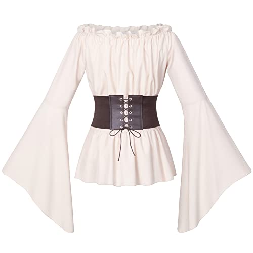 Irtysh Womens Renaissance Victorian Peasant Ruffle Smocked Waist Boho Pirate Shirt Blouse with Belt Set(Beige M) - Image 4