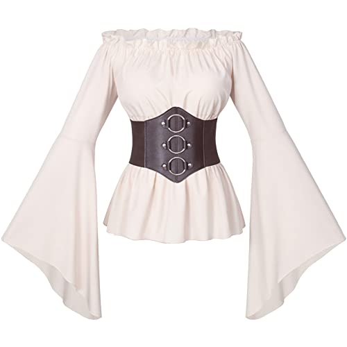Irtysh Womens Renaissance Victorian Peasant Ruffle Smocked Waist Boho Pirate Shirt Blouse with Belt Set(Beige M) - Image 3