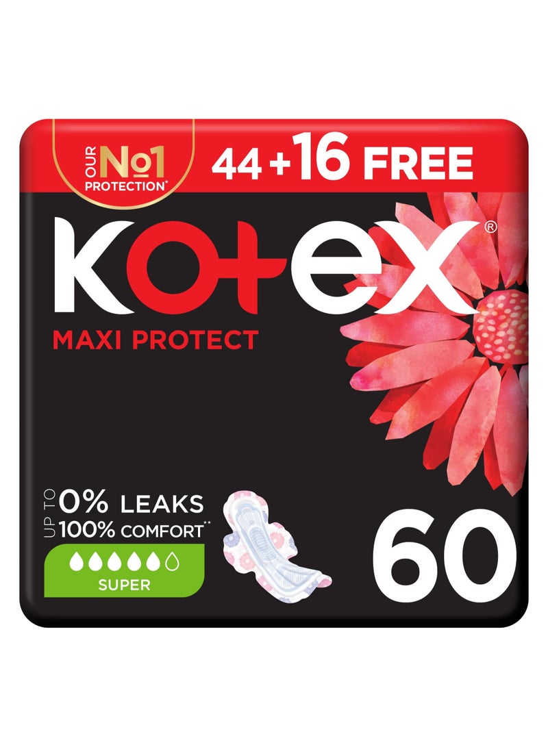 كوتكس 60 فوط صحية ماكسي بروتكيت فوط سميكة ، فوط صحية فائقة الحجم مع أجنحة
