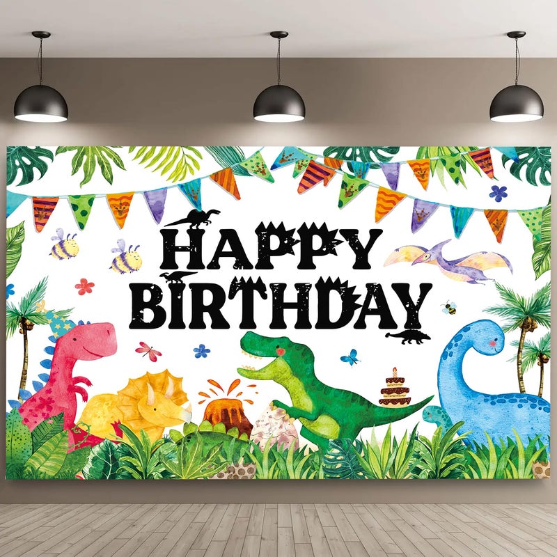 QIEXI Dinosaur Birthday Banner for Kids Watercolor Dinosaurs Backdrop Cartoon Dinosaur Birthday Party Decoration Supplies Photography Background 5x3ft - Image 1