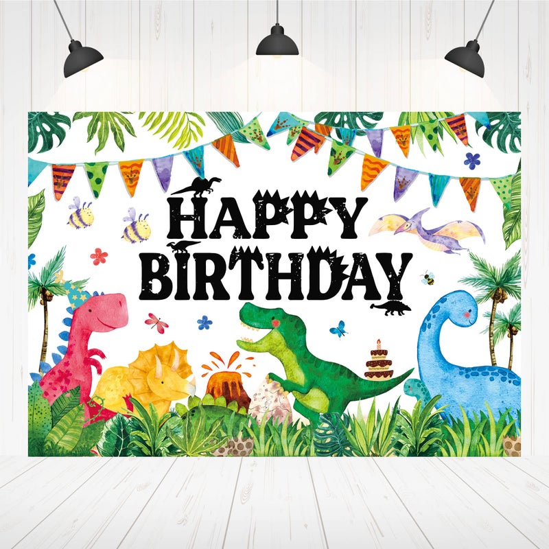 QIEXI Dinosaur Birthday Banner for Kids Watercolor Dinosaurs Backdrop Cartoon Dinosaur Birthday Party Decoration Supplies Photography Background 5x3ft - Image 3