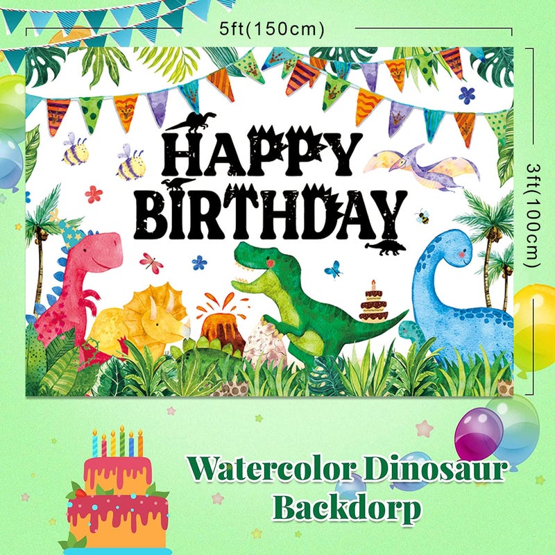 QIEXI Dinosaur Birthday Banner for Kids Watercolor Dinosaurs Backdrop Cartoon Dinosaur Birthday Party Decoration Supplies Photography Background 5x3ft - Image 2
