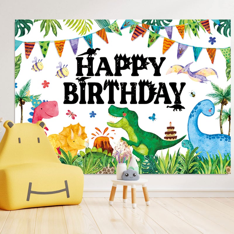 QIEXI Dinosaur Birthday Banner for Kids Watercolor Dinosaurs Backdrop Cartoon Dinosaur Birthday Party Decoration Supplies Photography Background 5x3ft - Image 5