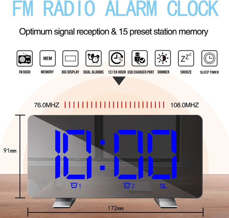 ThreeH Digital Alarm Clock with Radio (76.0MHZ-108.0MHZ) 2 Alarm Setting USB Port for Charging 4 Adjustable Brightness Snooze Digital Clock for Kids Adults Blue - Image 5