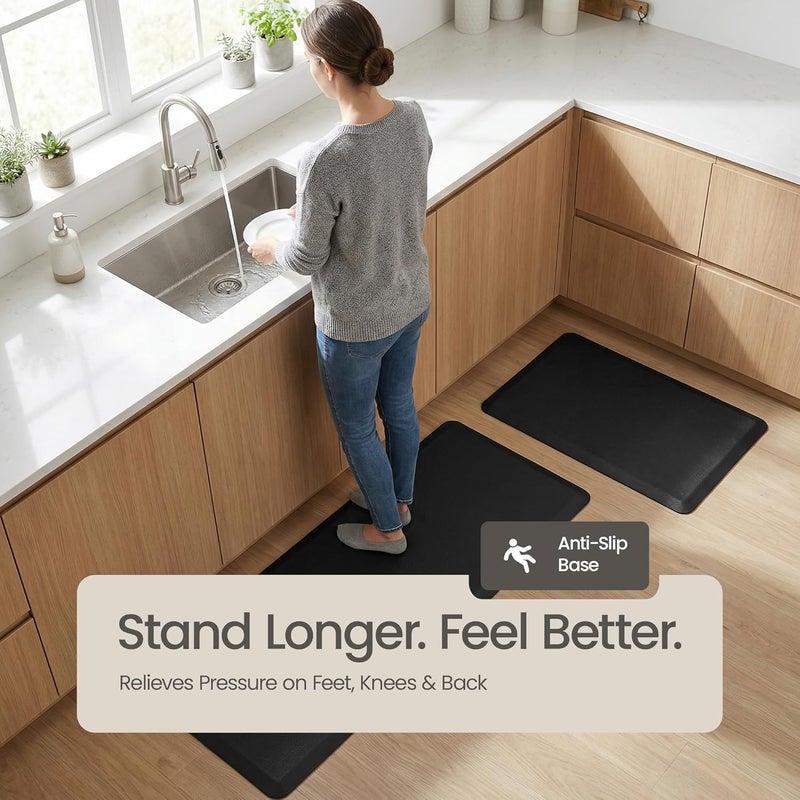 More Decor Anti Fatigue Kitchen Mats for Floor | Padded Kitchen Rugs | Non Slip, Cushioned Standing Desk Mat | Waterproof Floor Mat | 17.3" x 28" x 0.47" & 17.3" x 59" x 0.47", Black, 2-Pack | More Décor - Image 2