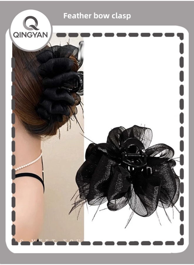 QINGYAN Bowknot Mesh Feather Hairpin Long Hair Boutique Claw Clip Versatile Internet Celebrity Hair Accessory Trendy Black Claw Clip For Women - Image 1