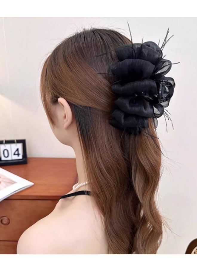 QINGYAN Bowknot Mesh Feather Hairpin Long Hair Boutique Claw Clip Versatile Internet Celebrity Hair Accessory Trendy Black Claw Clip For Women - Image 2