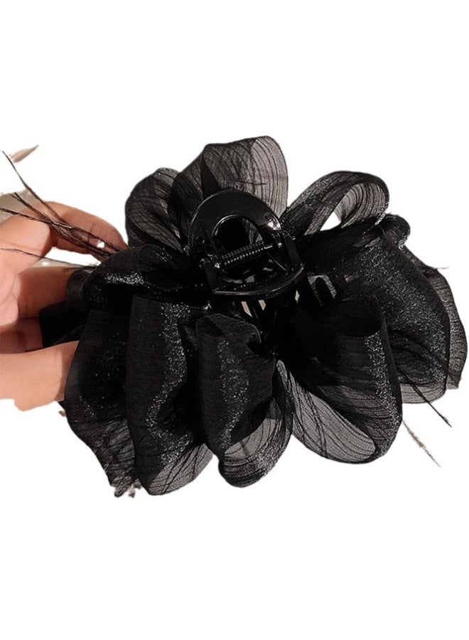 QINGYAN Bowknot Mesh Feather Hairpin Long Hair Boutique Claw Clip Versatile Internet Celebrity Hair Accessory Trendy Black Claw Clip For Women - Image 3