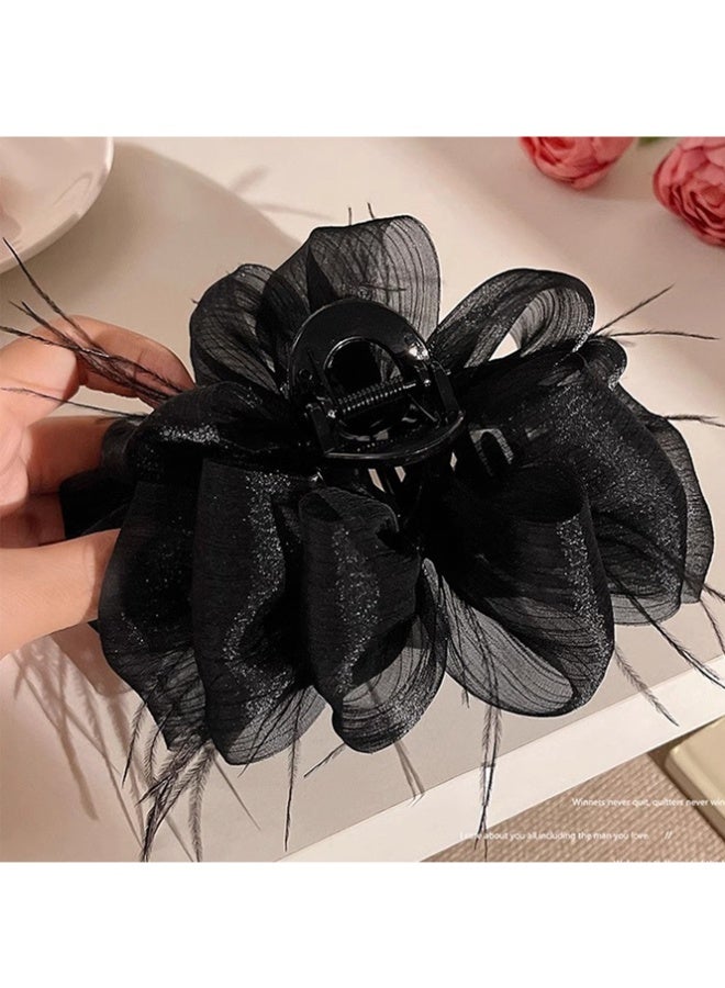 QINGYAN Bowknot Mesh Feather Hairpin Long Hair Boutique Claw Clip Versatile Internet Celebrity Hair Accessory Trendy Black Claw Clip For Women - Image 4