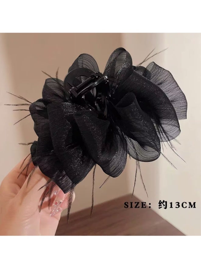 QINGYAN Bowknot Mesh Feather Hairpin Long Hair Boutique Claw Clip Versatile Internet Celebrity Hair Accessory Trendy Black Claw Clip For Women - Image 5