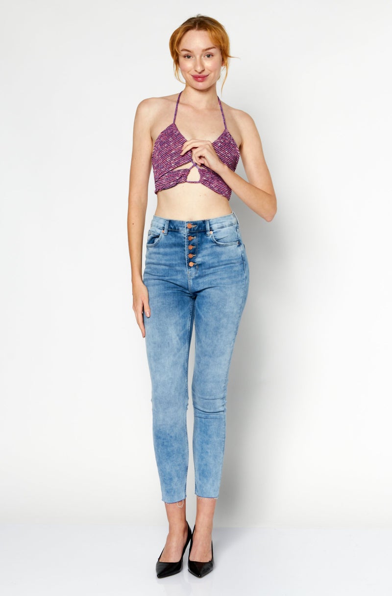 Pull & Bear Women Halter Neck Sleeveless Textured Top, Purple Combo  - Image 2