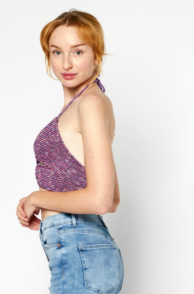 Pull & Bear Women Halter Neck Sleeveless Textured Top, Purple Combo  - Image 3