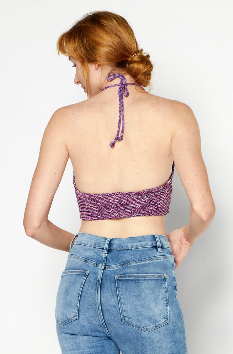Pull & Bear Women Halter Neck Sleeveless Textured Top, Purple Combo  - Image 4