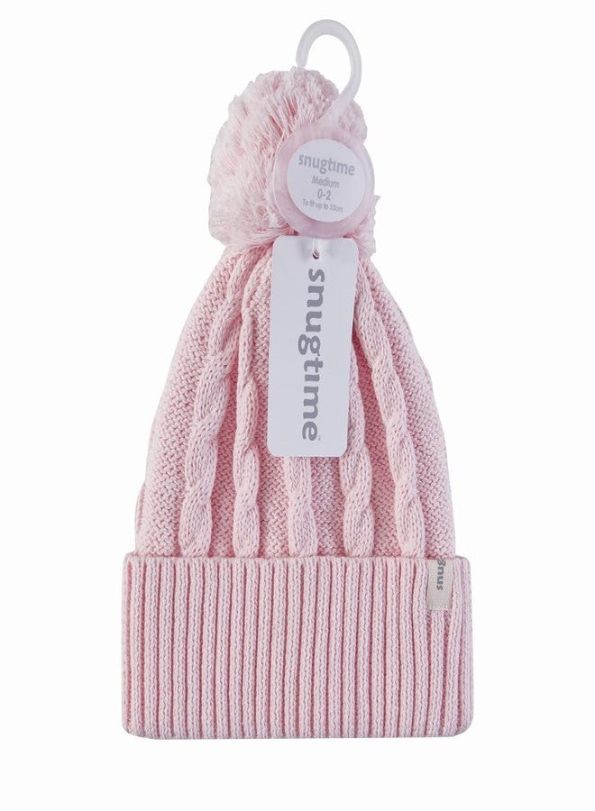 Snugtime Cotton Cable Pom Pom Beanie-Pink|Baby Cap|Jacquard Design|for Girls-Medium-Fits Upto 50 cm - Image 2