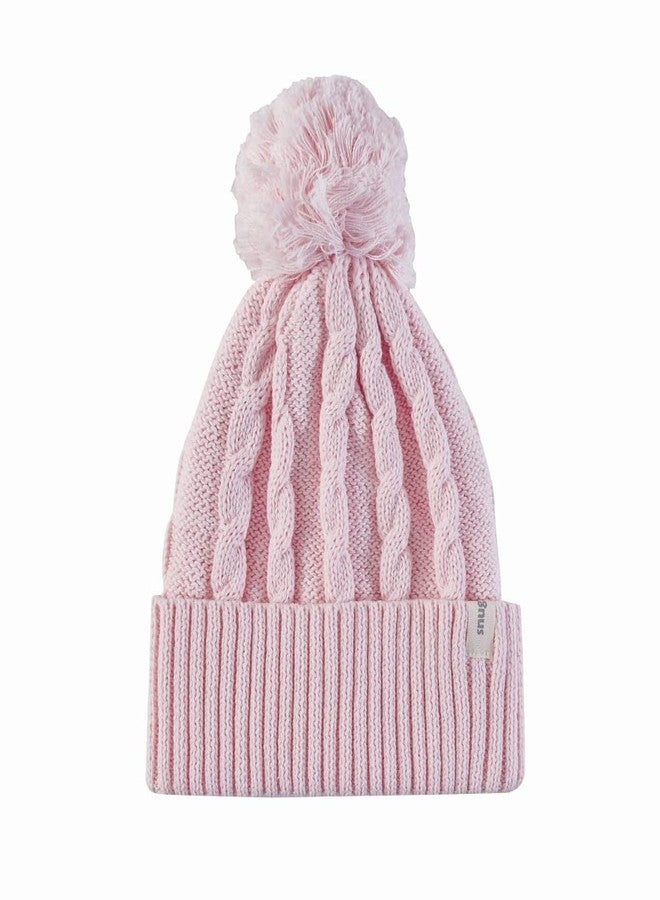 Snugtime Cotton Cable Pom Pom Beanie-Pink|Baby Cap|Jacquard Design|for Girls-Medium-Fits Upto 50 cm - Image 1